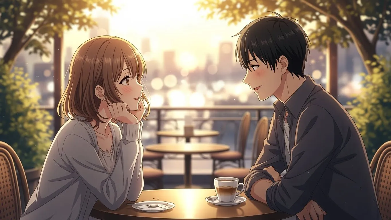 カフェのテラス席で男女が見つめ合いながら笑顔で話しているアニメイラスト。夕暮れの柔らかな光に包まれ、恋の脈ありサインを感じさせる温かい雰囲気。