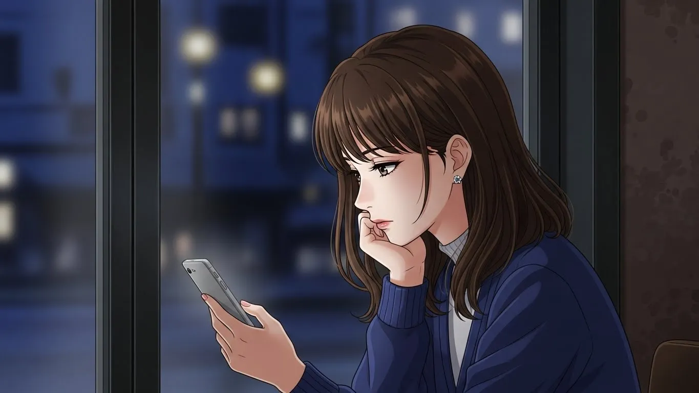 夜景を背景にスマホを見つめる女性のアニメイラスト。脈ありか脈なしかを考えながら悩む姿を描いた情感的な構図。