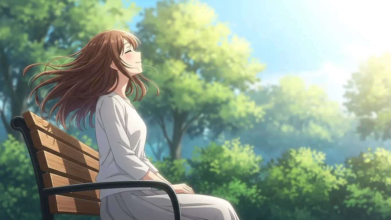 公園のベンチに座り、穏やかな表情で風を感じる女性のアニメ風イラスト。木漏れ日が差し込み、心が軽くなるような明るく前向きな雰囲気の情景。