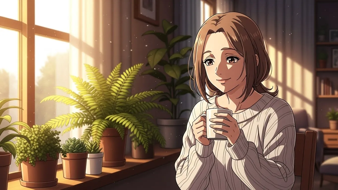 朝の光が差し込む部屋でコーヒーを持つ女性のアニメイラスト。穏やかな笑顔で前向きな気持ちを取り戻している姿を描く。