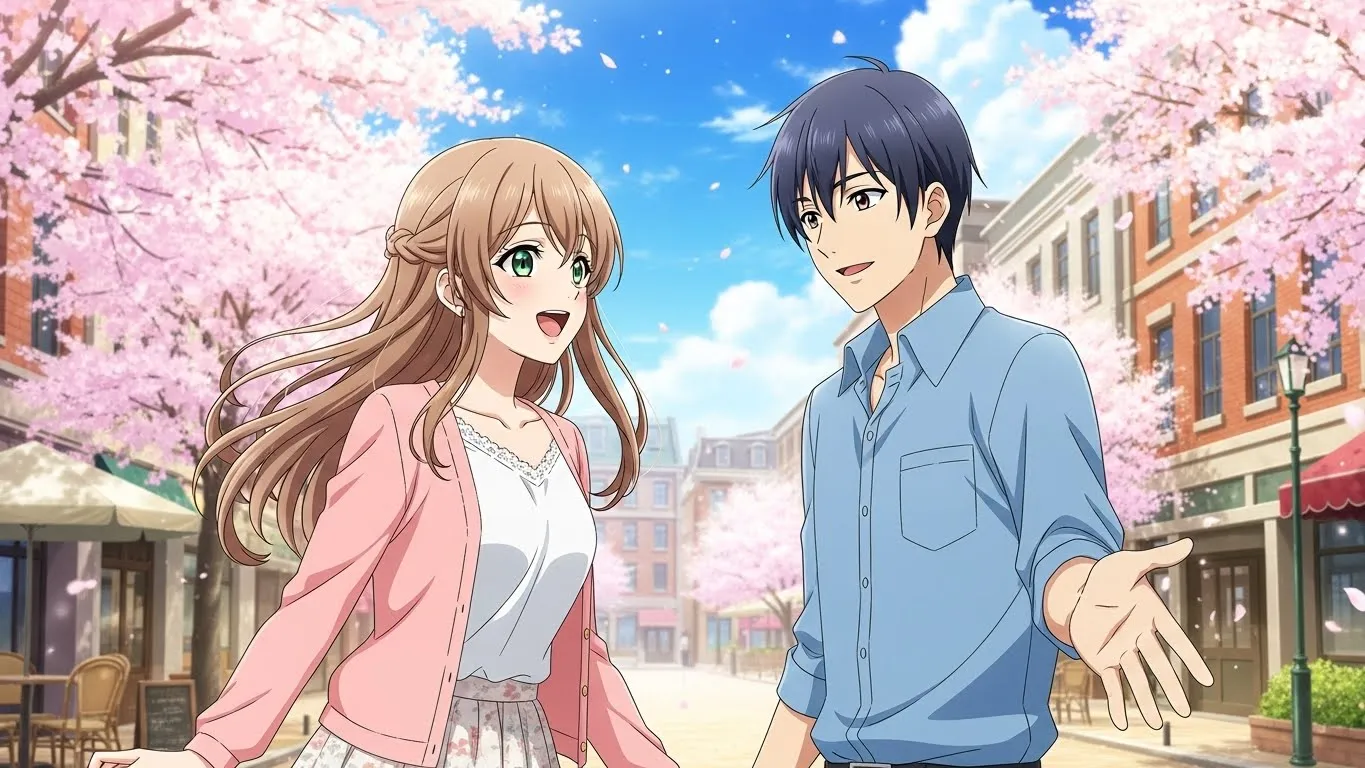 桜が舞う通りで穏やかに話す男女のアニメイラスト。連絡こないけど会うと優しい男性の脈ありサインをイメージした明るいシーン。
