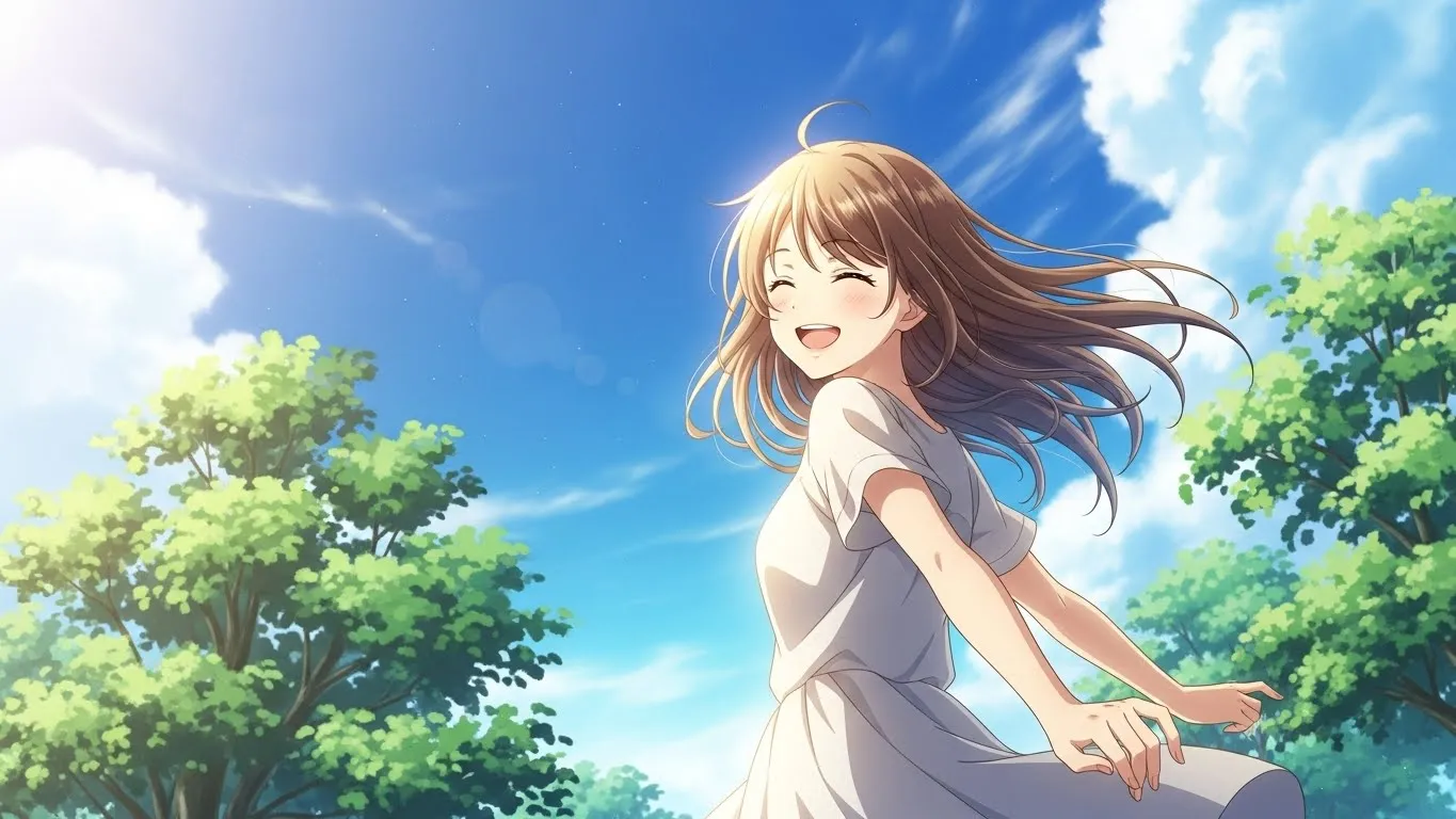 青空の下で笑顔で前を向く女性のアニメイラスト。連絡こないけど優しい男性への恋を後悔せず前向きに生きる姿を描いた希望のシーン。