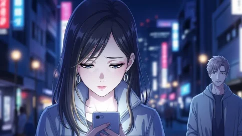 夜の街でスマホを見つめて切なげな表情を浮かべる女性のアニメイラスト。背後には優しそうな男性の姿があり、連絡こないのに会うと優しい男性の本音を象徴するシーン。