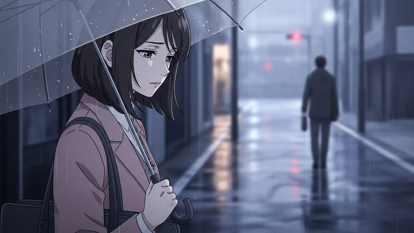 雨の街角で傘を差しながら悲しそうに立つ女性のアニメイラスト。連絡こないのに会うと優しい男性の脈なしサインを表現した切ない雰囲気。