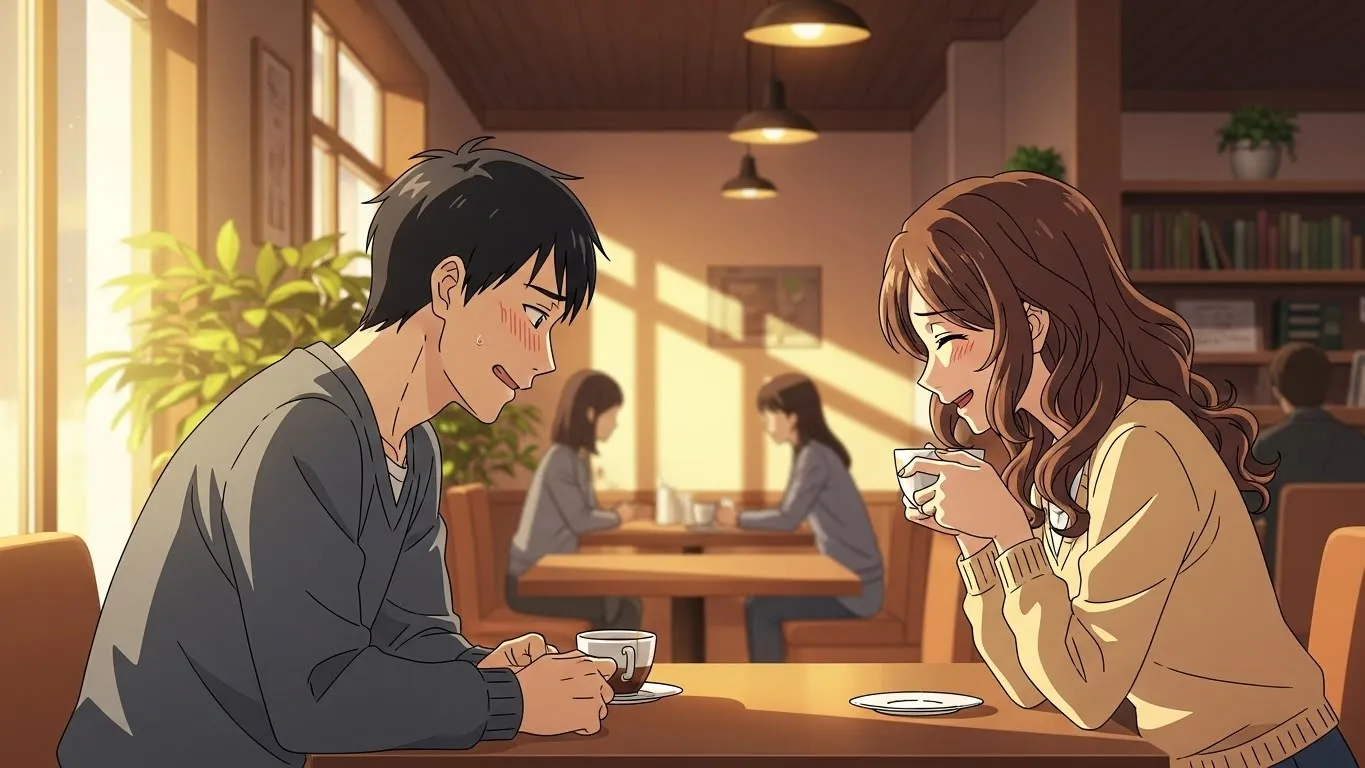 カフェで向かい合い、照れながら見つめ合う男女のアニメイラスト。連絡こないのに会うと優しい男性の心理を表す、温かく親しみのある雰囲気のシーン。