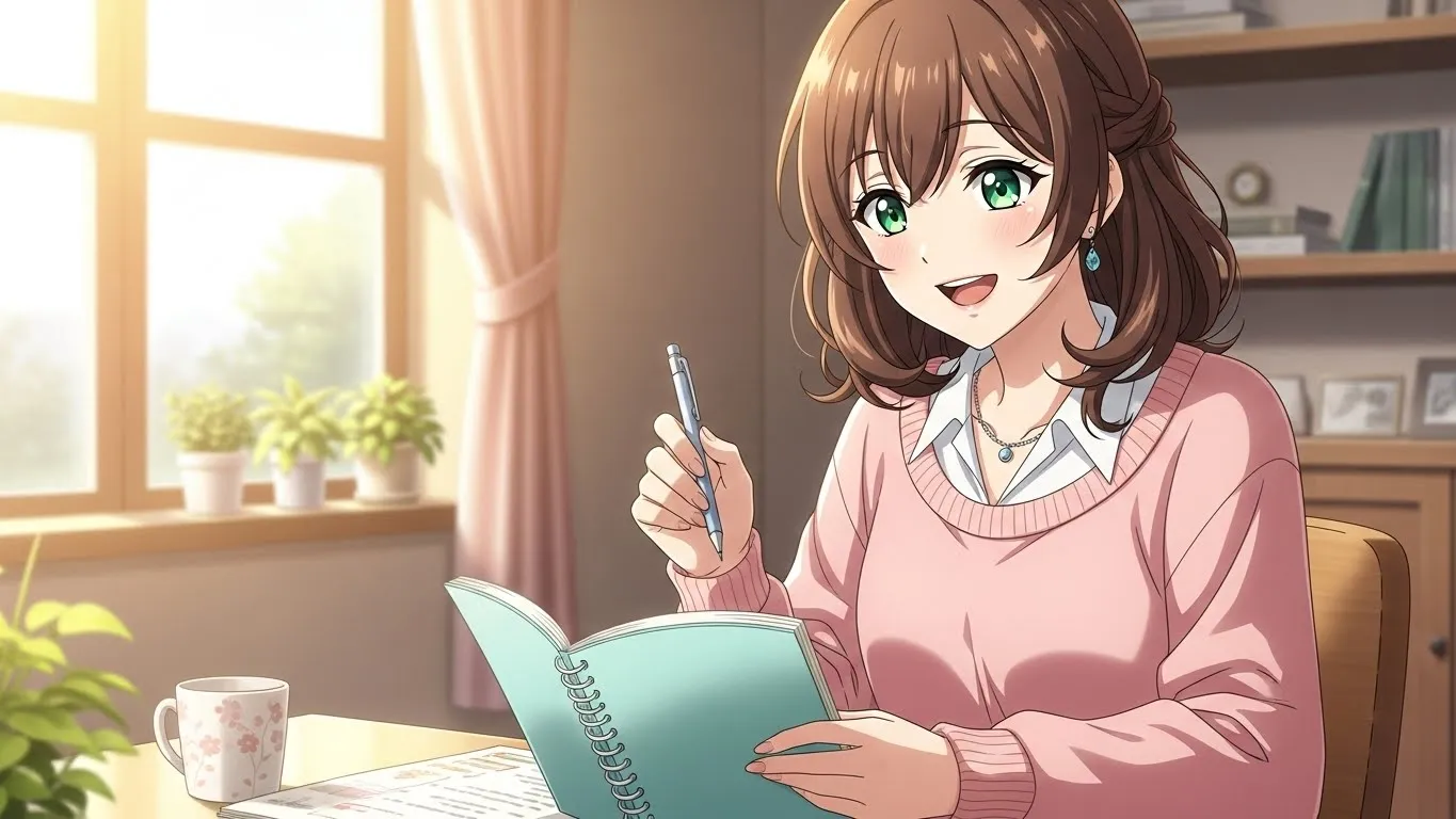 朝の光が差し込む部屋で笑顔でノートに書き込む女性のアニメイラスト。連絡こない男性への正しい対応を学び、前向きに行動する姿を描いたシーン。