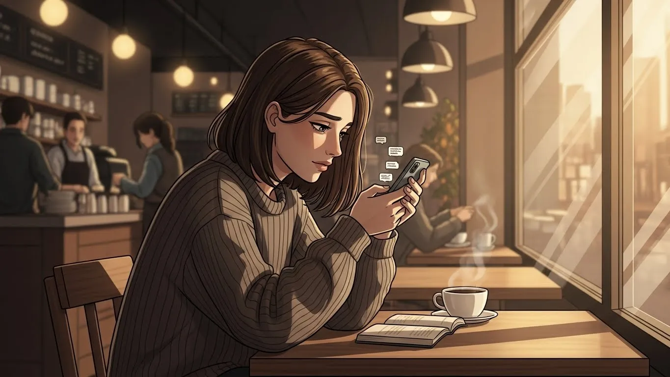 カフェの窓際でスマホを見つめる女性のアニメイラスト。会えない片思いに悩みながらも相手を想う切ない雰囲気。