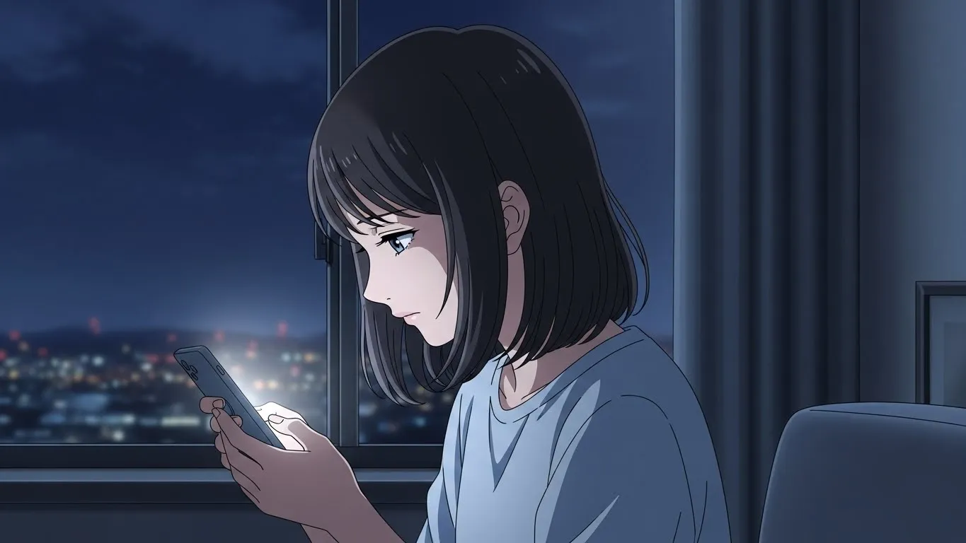 夜の部屋でスマホを見つめる女性のアニメイラスト。連絡はくれるけど会ってくれない男性を思い、切ない表情を浮かべている。