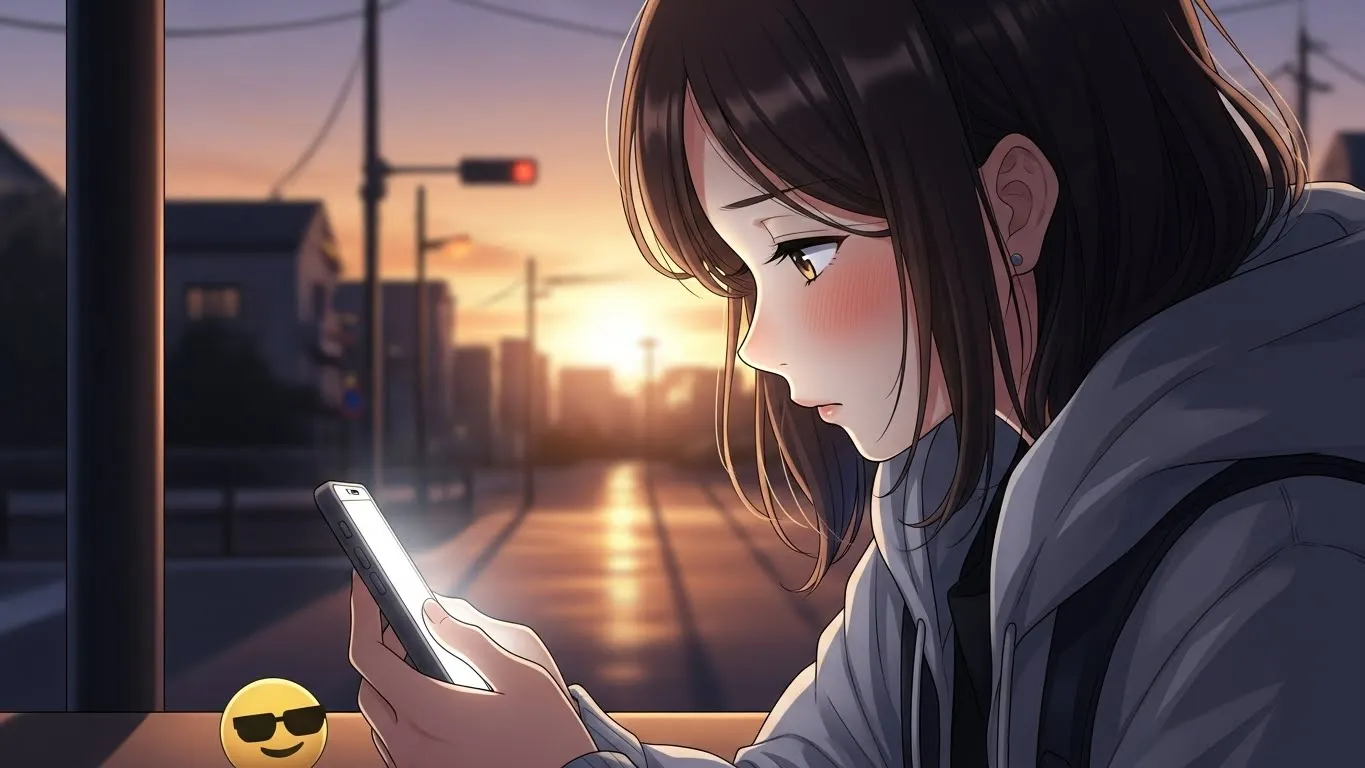 夕暮れの街でスマホを見つめる女性。頬を赤らめながら😎サングラスで笑顔の絵文字を使う恋愛心理を表現したアニメ風イラスト。