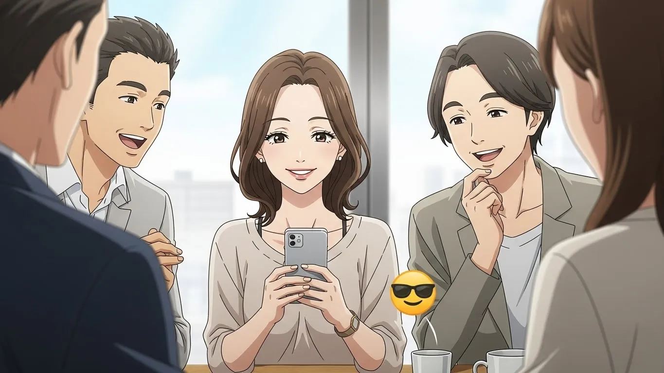 スマホを見ながら笑顔を見せる女性と、それを見て笑う仲間たち。女性が使うサングラスで笑顔の絵文字😎の印象や心理を表現したアニメ風イラスト。