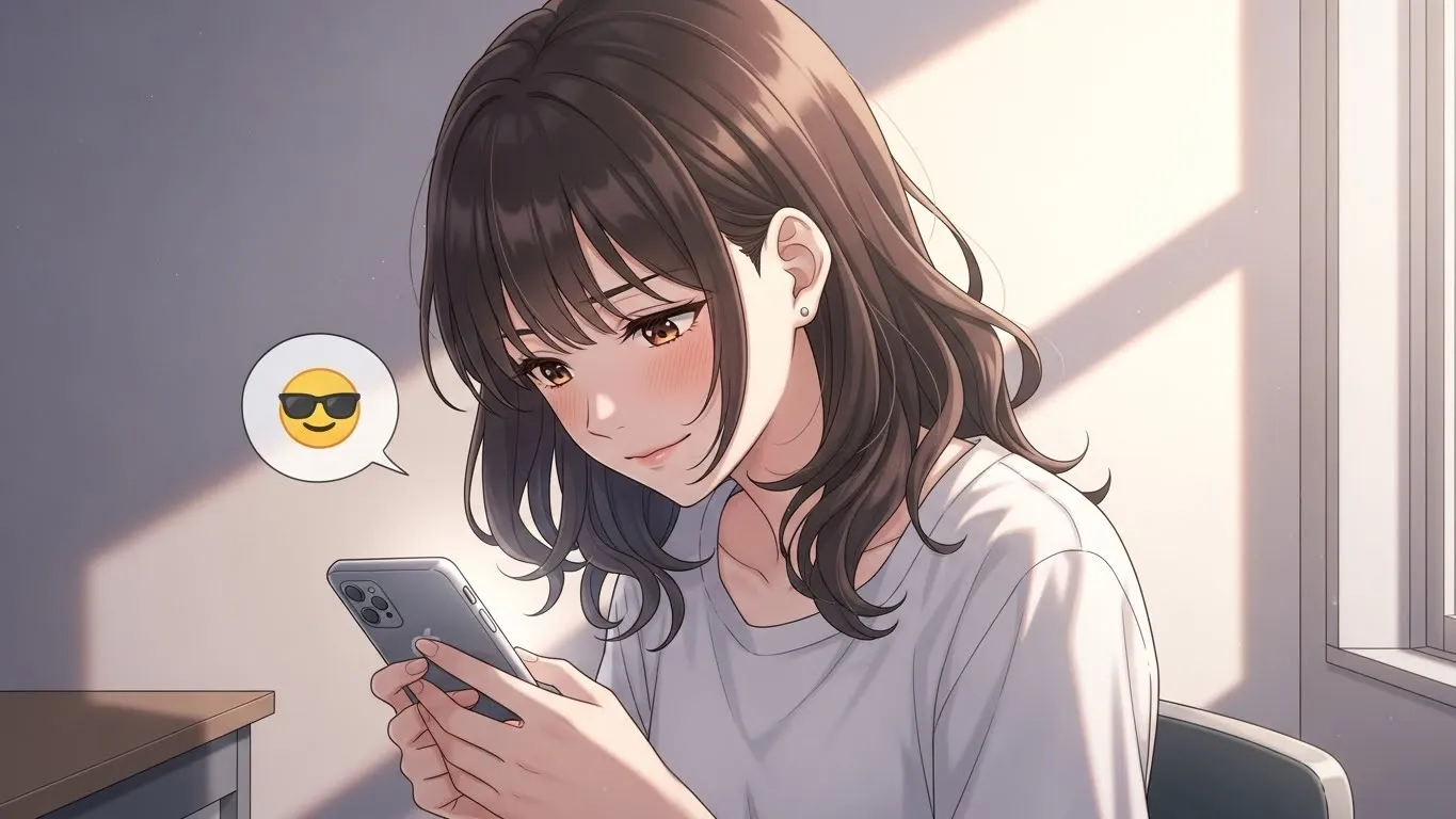 スマートフォンを見つめながら頬を染めて微笑む女性。メッセージにサングラスで笑顔の絵文字が表示され、余裕と本音の心理を表現したアニメ風イラスト。