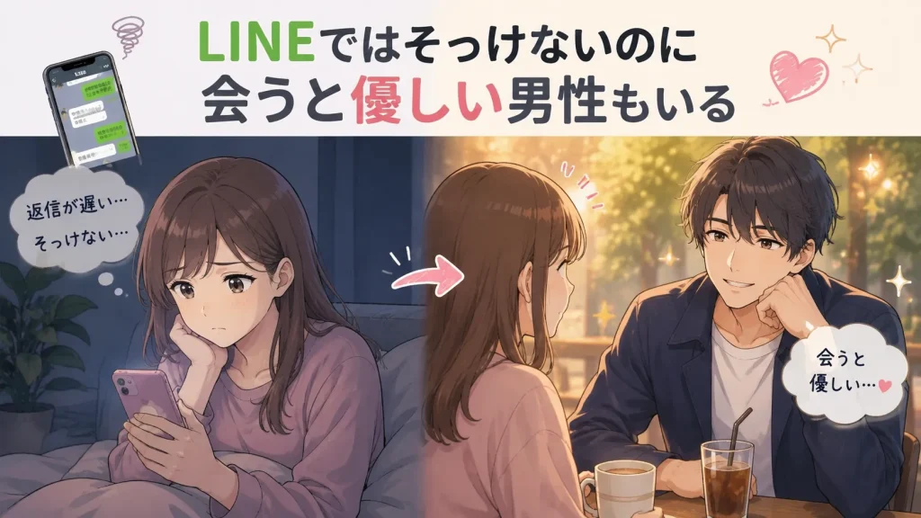 LINEではそっけないのに会うと優しい男性を描いたアニメイラスト。返信が遅く不安になる女性と、実際に会うと笑顔で優しく接する男性の温度差を表現している。