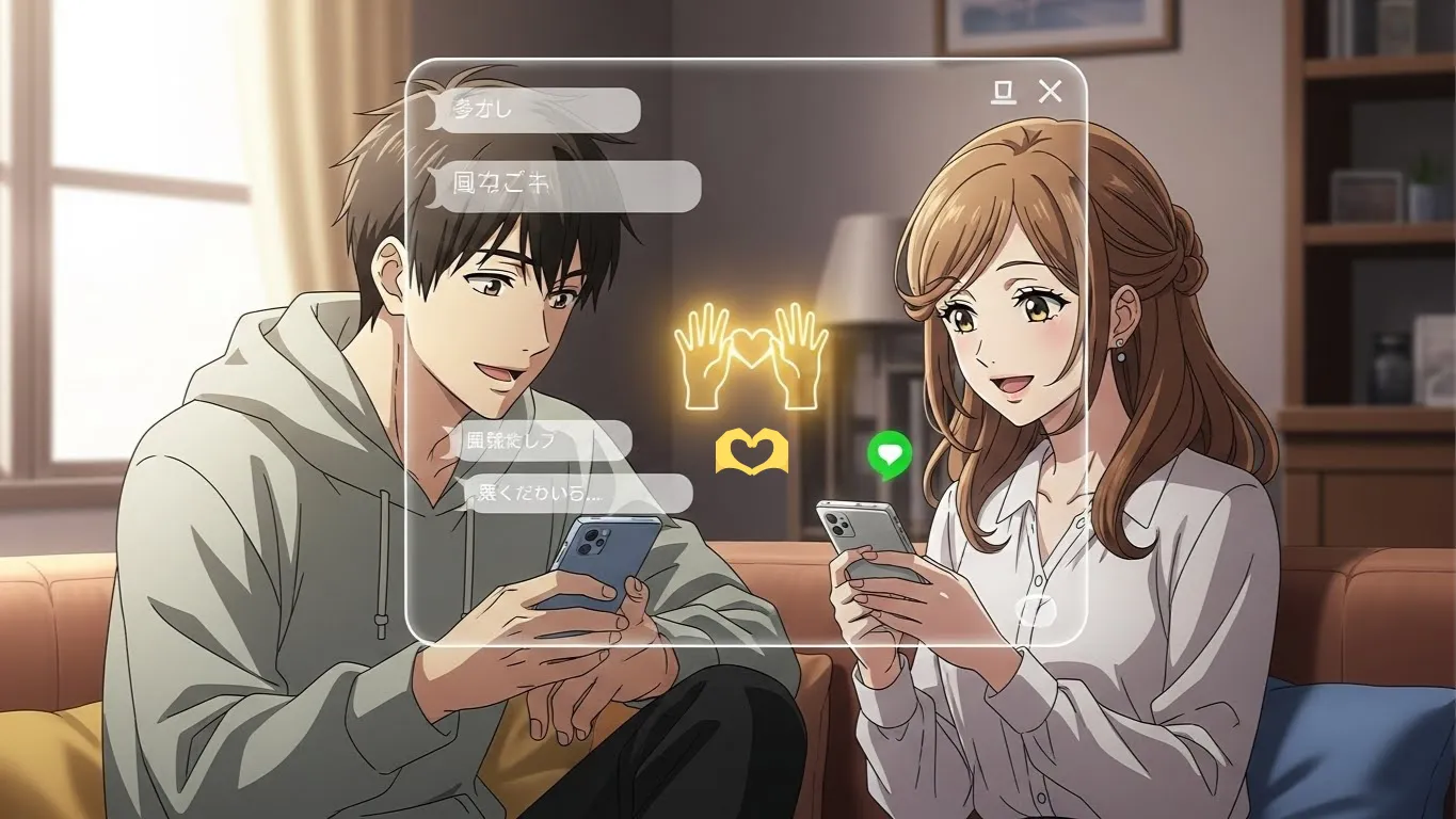 スマートフォンを操作しながら微笑む男女がLINEでメッセージを送り合っているアニメイラスト。会話の中に🫶の絵文字が浮かび、優しい雰囲気が伝わる。