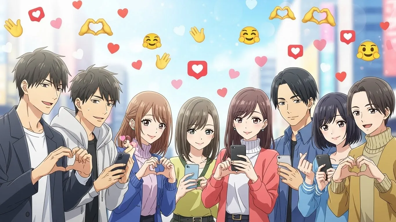 若い男女グループがスマートフォンを手にSNSを楽しんでいるアニメイラスト。背景には🫶やハートのリアクションが飛び交い、明るくポジティブな雰囲気が描かれている。
