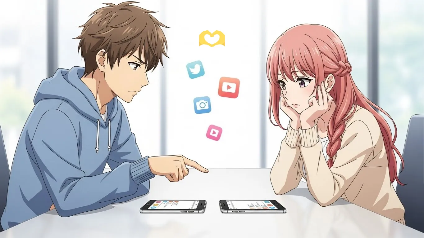 テーブル越しにスマホを見比べる男女がSNSの使い方について話し合っているアニメイラスト。背景にSNSアイコンや🫶のマークが浮かぶ。