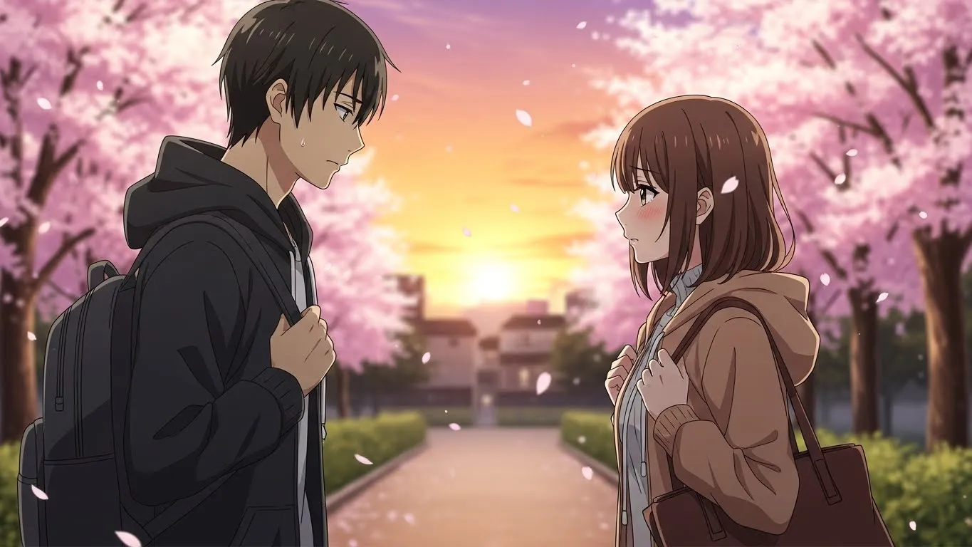 桜並木の夕暮れで向かい合う男女のアニメイラスト。『好き🫶』と『大好き🫶』の違いを感じさせる繊細な恋愛の瞬間を描いたシーン。