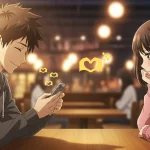 夕暮れの街を背景に、見つめ合って微笑む男女のアニメイラスト。なぜ男は🫶を使うのかをテーマに、温かい恋の雰囲気を表現している