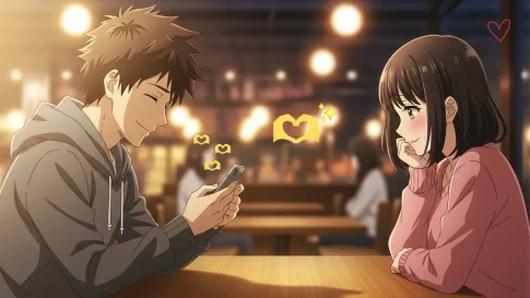 夕暮れの街を背景に、見つめ合って微笑む男女のアニメイラスト。なぜ男は🫶を使うのかをテーマに、温かい恋の雰囲気を表現している