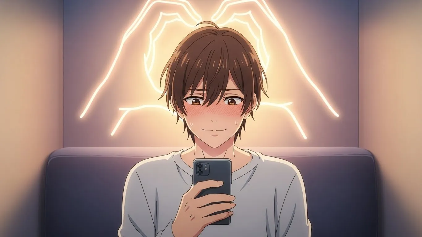 スマートフォンを見ながら少し照れた笑顔を見せる男性と、それを見つめる女性のアニメイラスト。🫶を使う男性の心理や本音を象徴する場面