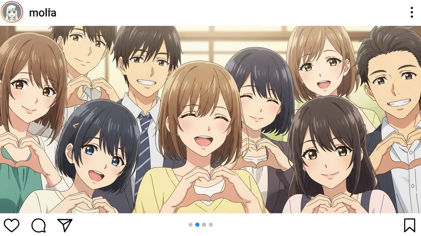 若い男女が並んでハートの手🫶ポーズをして笑顔を見せるアニメイラスト。インスタグラム風の画面デザインで、SNS上のつながりや温かい交流を表現している。