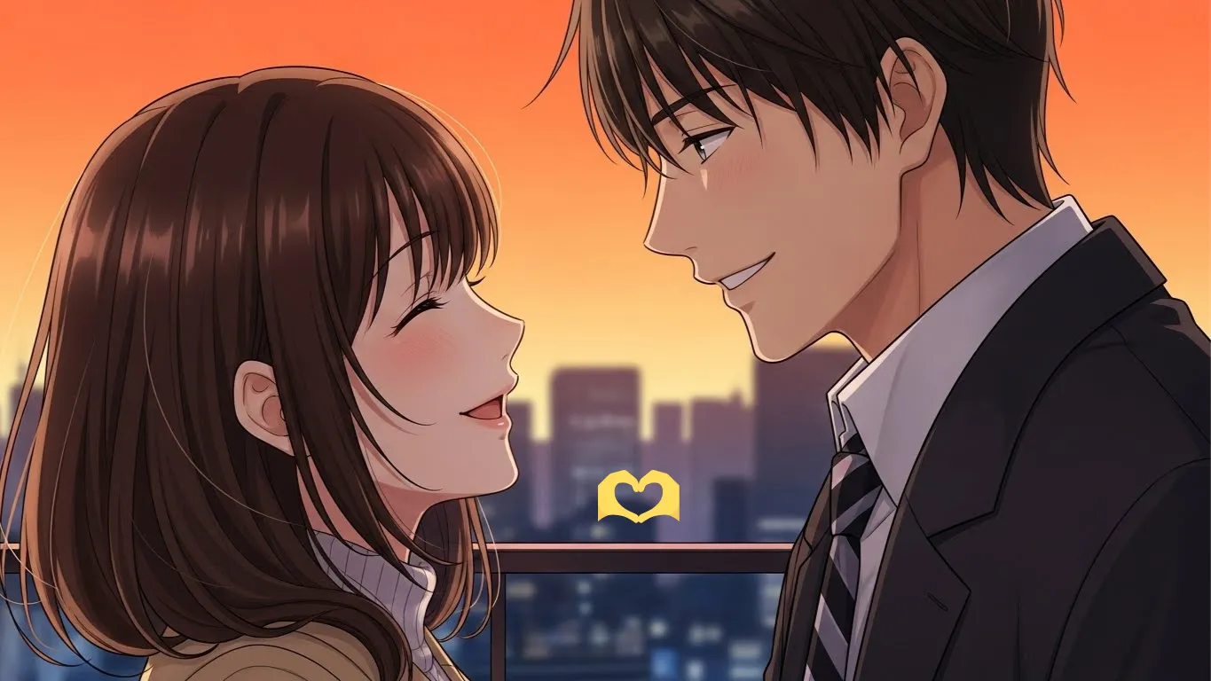 夕暮れのビル街を背景に、優しく微笑み合う男女のアニメイラスト。🫶を通して恋を理解し合う温かい関係を表現している。