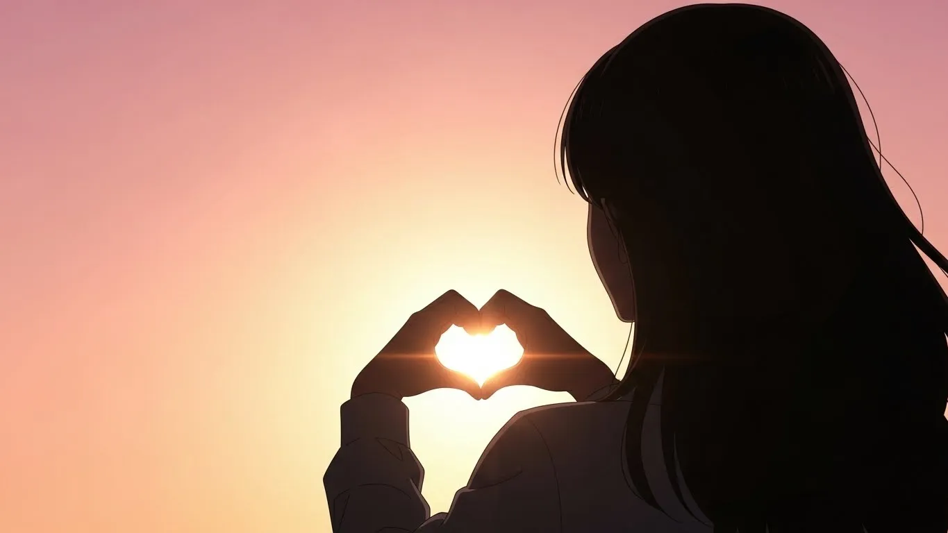 夕暮れの空に向かって🫶の手の形を作る女性のシルエット。あたたかなオレンジ色の光が包み込むアニメイラスト。