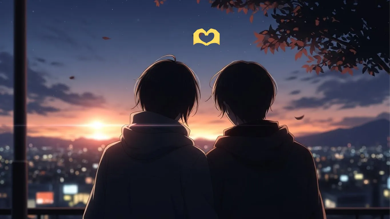 夕暮れの街を見つめながら寄り添う二人の後ろ姿のアニメイラスト。🫶の恋愛的な意味を理解して心が近づく様子を描いたシーン。