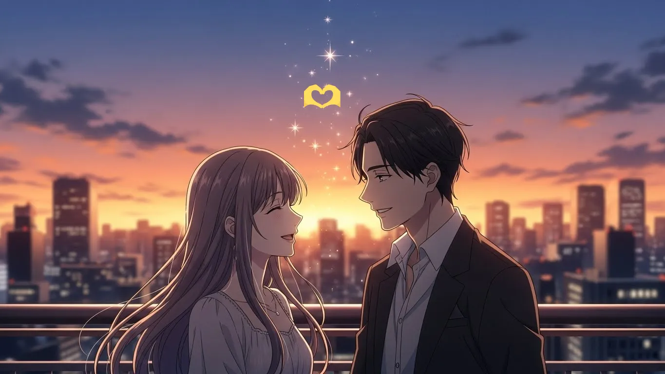 夕暮れの街で微笑み合う男女のアニメイラスト。手ハート絵文字🫶の脈あり判断で恋のサインがわかる穏やかなラストシーン。