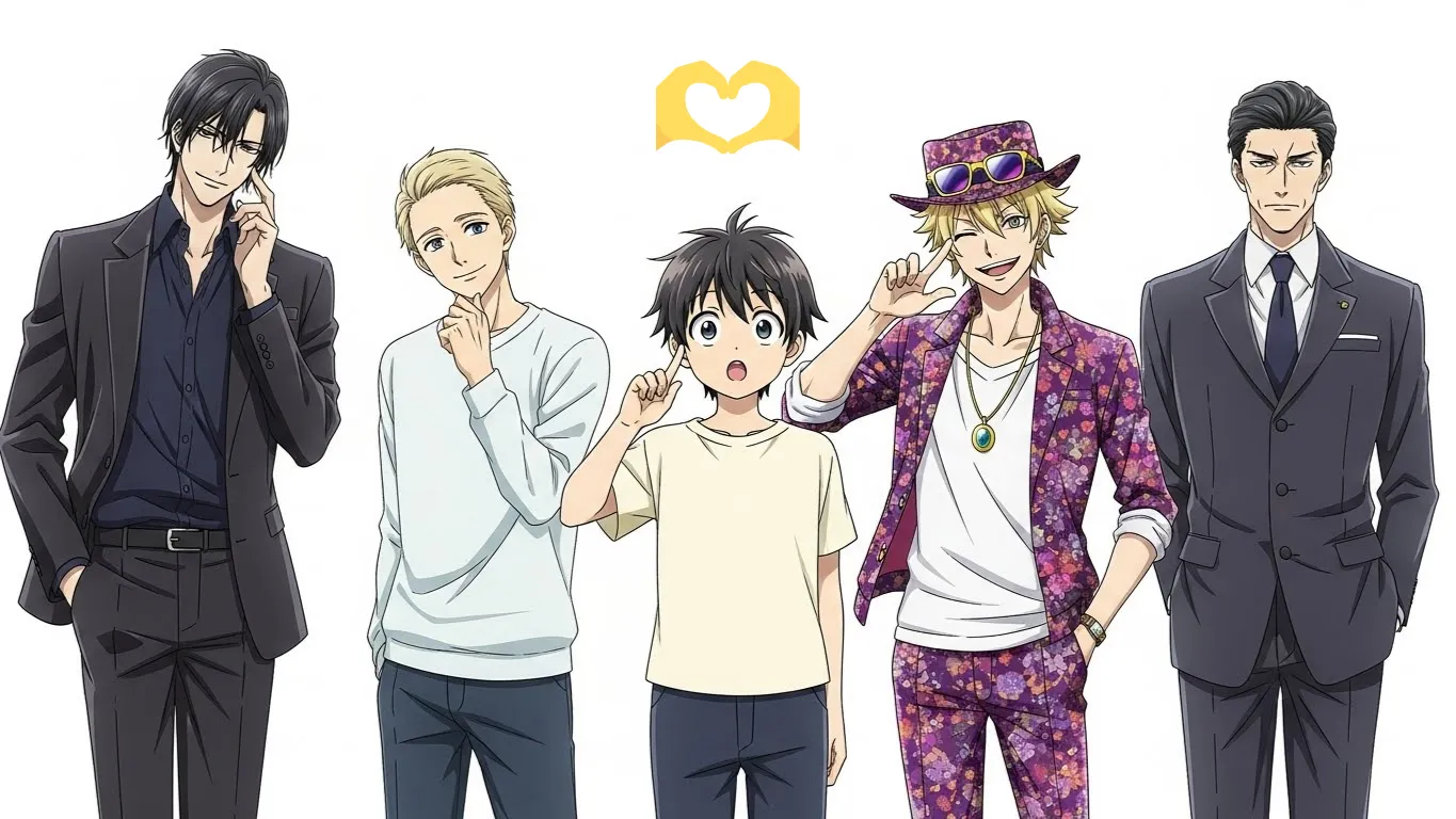 5人の異なるタイプの男性が並ぶアニメイラスト。クール、優しい、天然、チャラい、真面目といった性格の違いを表現し、🫶を使う男性の特徴と本心を象徴している。