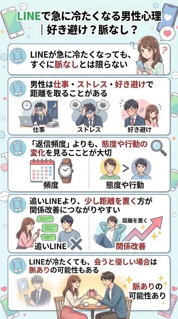 LINEで急に冷たくなる男性心理を解説した図解。仕事・ストレス・好き避けで距離を取る理由や、脈ありサイン、追いLINEを避ける重要性をまとめたイラスト