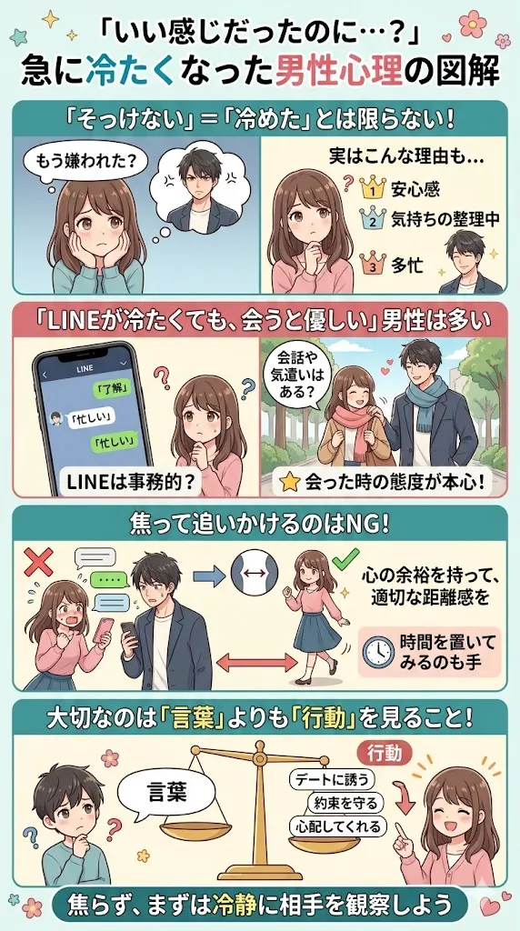 いい感じだったのに急に冷たくなった男性心理を解説する図解イラスト。LINEがそっけなくても会うと優しい男性の特徴や、脈なしとは限らない理由、焦って追いかけない大切さを紹介している。