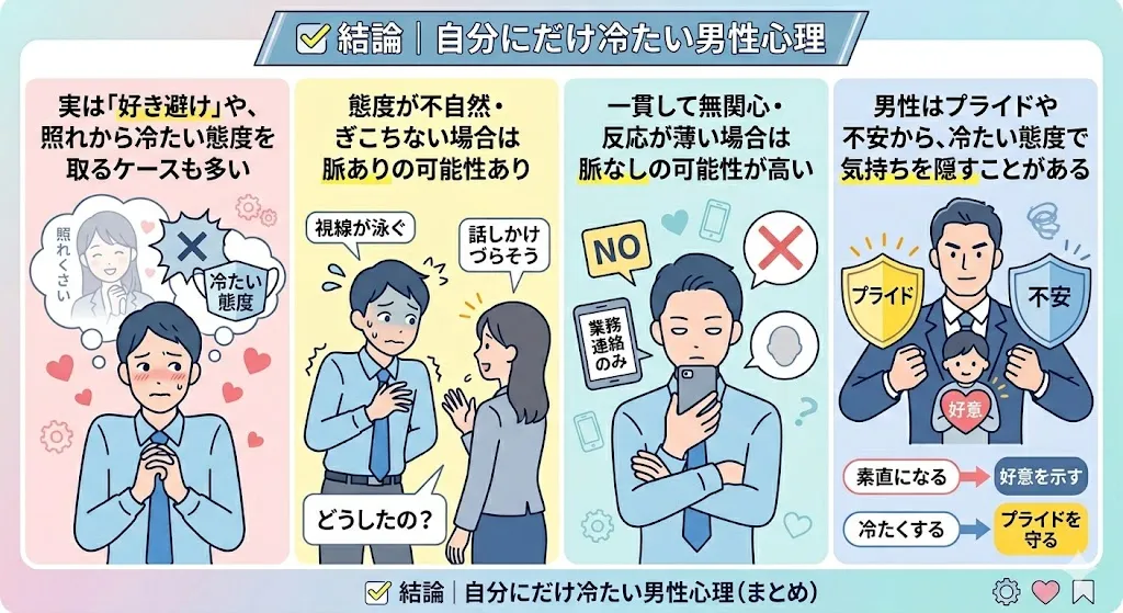 自分にだけ冷たい男性心理の図解|好き避け・脈ありサイン・脈なしの見分け方を解説