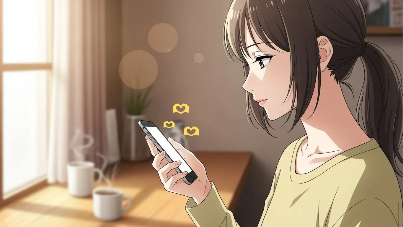 スマートフォンを見つめながら微笑む女性のアニメイラスト。室内の柔らかい光の中で🫶手ハート絵文字のマークが浮かび、距離感を感じさせる温かい雰囲気。
