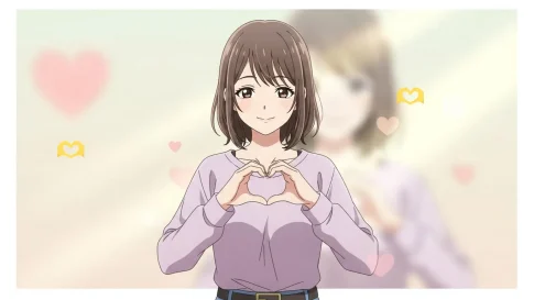 両手で🫶手ハート絵文字の形を作りながら微笑む女性のアニメイラスト。背景には柔らかいハートが浮かび、女性の本音や優しい気持ちを象徴している。