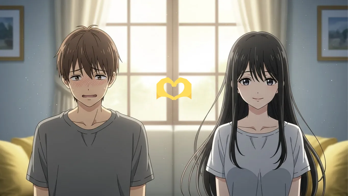 明るい部屋で向かい合う男女のアニメイラスト。男性は照れた表情、女性は穏やかに微笑み、🫶の感じ方の違いを象徴するシーン。