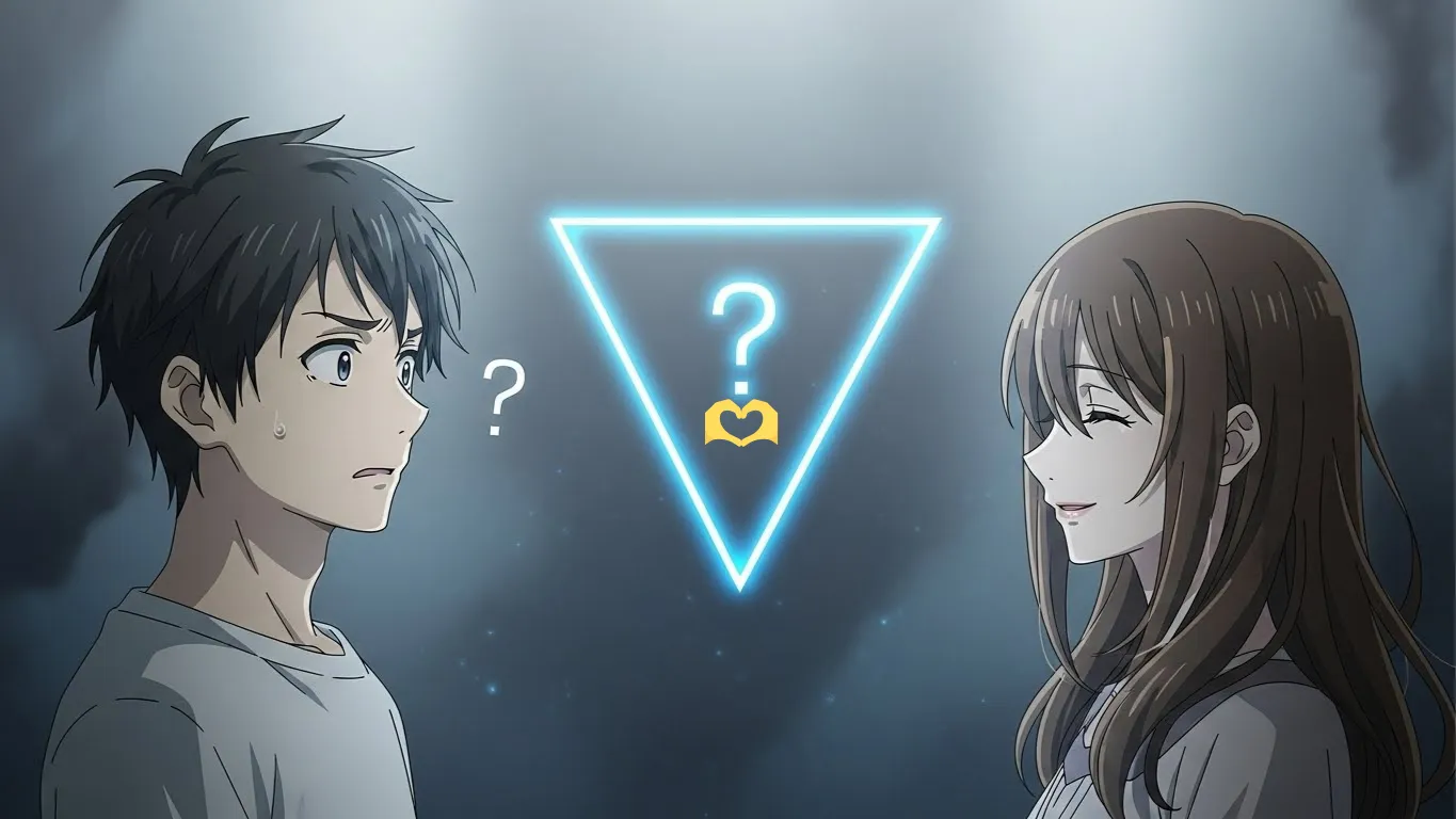 困惑した表情の男性と穏やかに微笑む女性が向かい合うアニメイラスト。中央に🫶マークとクエスチョンマークが浮かび、誤解しやすい恋愛サインを象徴している