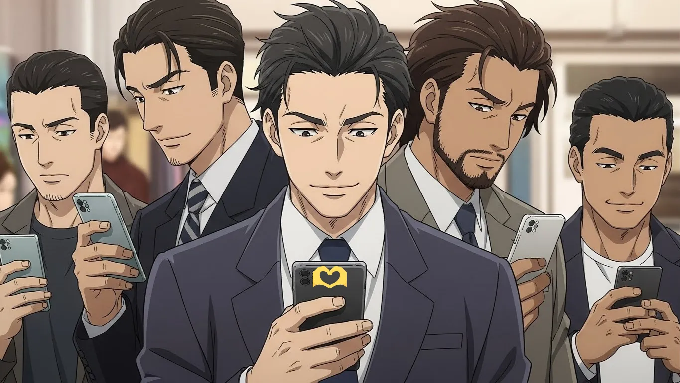 スマートフォンを見つめる複数の男性のアニメイラスト。表情の違いから🫶を使う理由や心理の多様さを表現している。ビジネススーツ姿で真剣に考える男性たち。