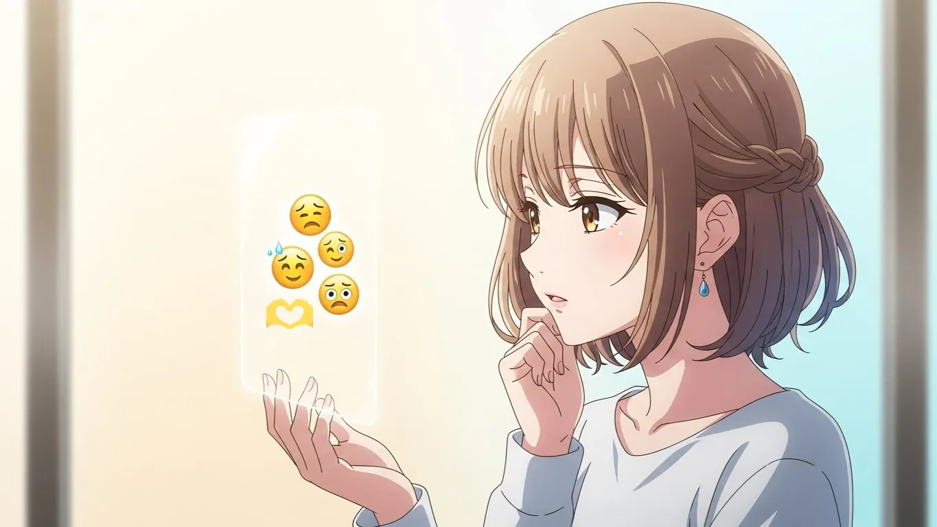 スマートフォンの画面に浮かぶ絵文字を見つめながら、感情の違いを考える若い女性のアニメイラスト。明るい光の中で優しい表情をしている。