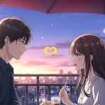 夕暮れのカフェで微笑み合う男女のアニメイラスト。🫶手ハート絵文字の恋愛的な意味を象徴するような温かい雰囲気。
