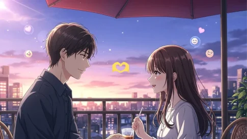 夕暮れのカフェで微笑み合う男女のアニメイラスト。🫶手ハート絵文字の恋愛的な意味を象徴するような温かい雰囲気。