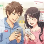 スマートフォンを手に笑顔でやり取りをする男女のアニメイラスト。LINEとインスタグラムのメッセージ画面が背景に浮かび、🫶の絵文字やハートのリアクションが交差している。SNS上の優しい交流を表現した明るい雰囲気。