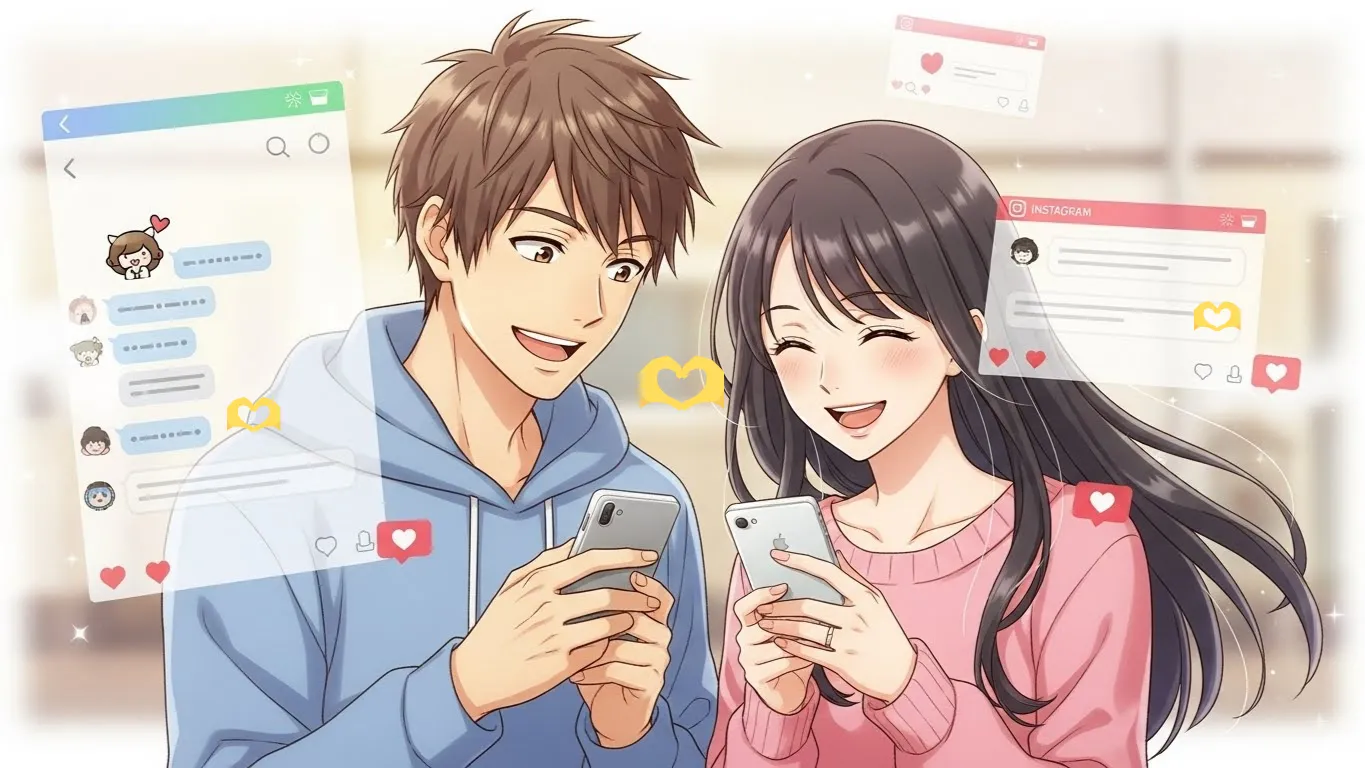 スマートフォンを手に笑顔でやり取りをする男女のアニメイラスト。LINEとインスタグラムのメッセージ画面が背景に浮かび、🫶の絵文字やハートのリアクションが交差している。SNS上の優しい交流を表現した明るい雰囲気。