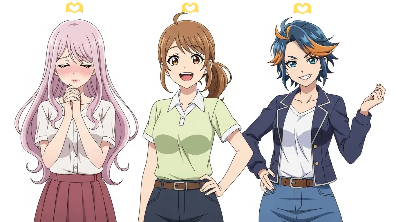 ３人の女性キャラクターが並び、それぞれ異なる表情で🫶を表現しているアニメイラスト。恋愛・友情・社交的な気持ちの違いを表している。