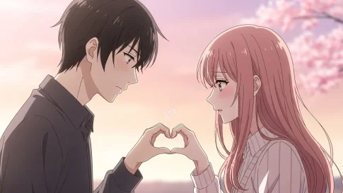 手ハートを作る男女のアニメイラスト。恋愛心理で🫶が脈ありか勘違いかを表現するロマンチックなシーン。