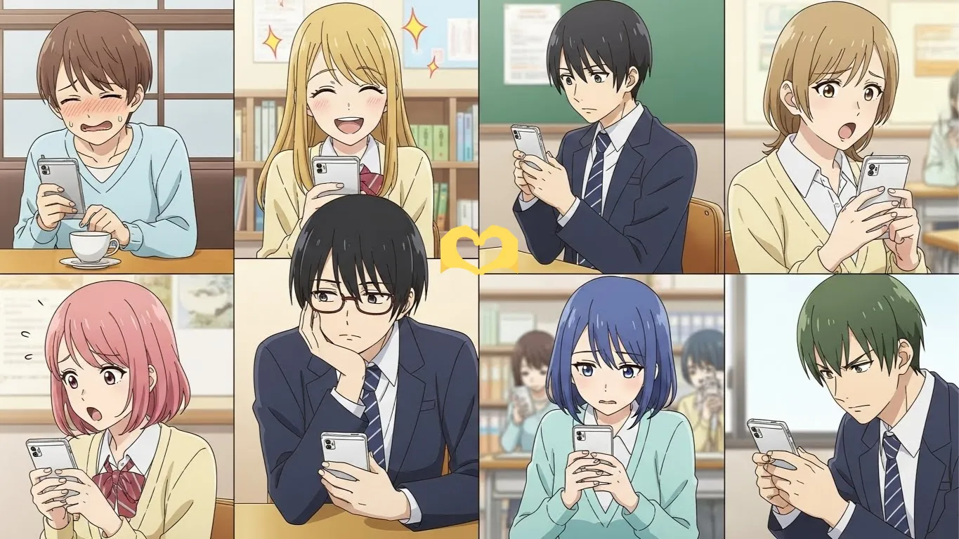 スマホを見つめながら笑顔や驚きなど、さまざまな感情を見せる男女のアニメイラスト。🫶を使う人の恋愛心理の６つのタイプをイメージした構図。