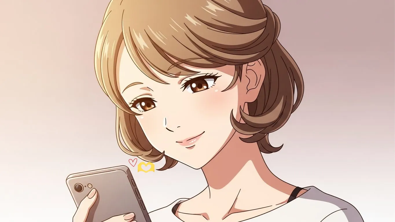 スマートフォンを見ながら穏やかに微笑む女性のアニメイラスト。🫶手ハート絵文字マークが浮かび、女性の本音や優しい気持ちを象徴している。