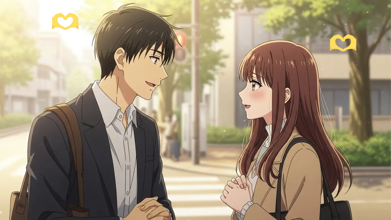 街角で会話する男女のアニメイラスト。互いに笑顔で見つめ合い、🫶を使う男性との距離を自然に縮めていく温かい雰囲気を表現している。