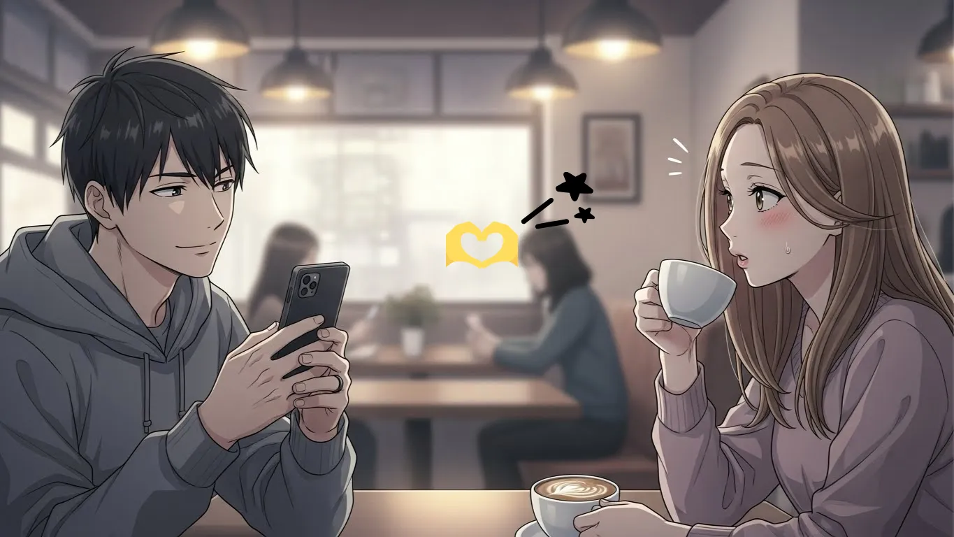 カフェで向かい合う男女のアニメイラスト。男性がスマートフォンを見ながら微笑み、女性が照れた表情で反応している。🫶を使う男性の脈ありサインを象徴するシーン。