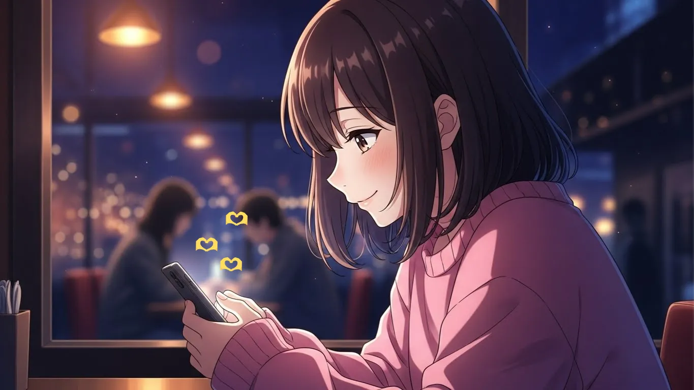 夜のカフェでスマホを見ながら優しく微笑む女性のアニメイラスト。🫶を恋愛で上手に使うコツをイメージした穏やかな雰囲気の場面。
