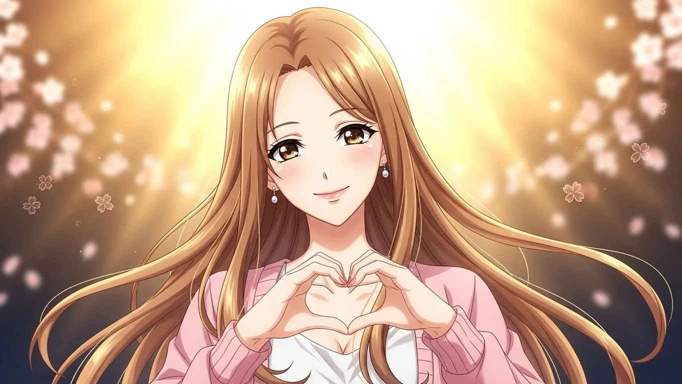 柔らかな光に包まれながら🫶のポーズをする女性のアニメイラスト。微笑みと桜の花びらが漂い、優しさや魅力を感じさせる温かい雰囲気。